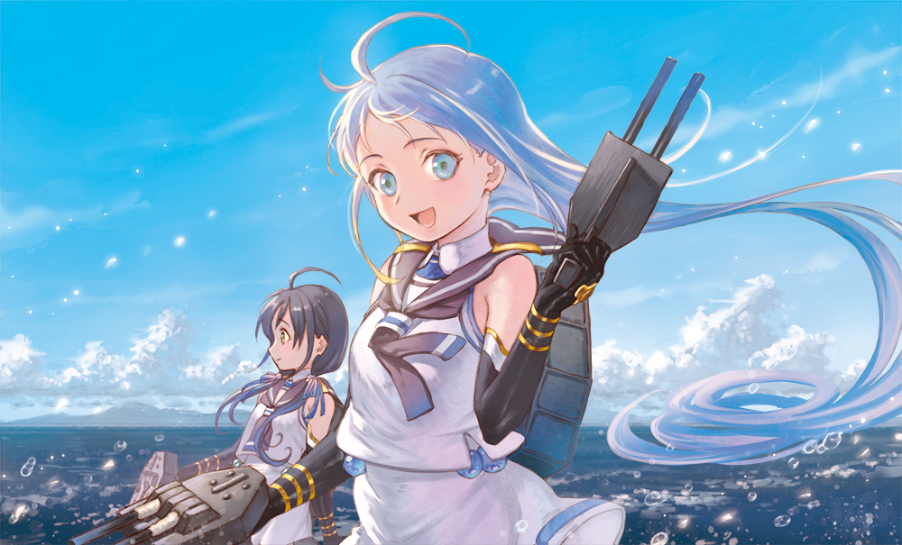 2girls aqua_eyes artist_request black_gloves black_hair black_neckwear black_sailor_collar blue_eyes blue_hair blue_sky blush cannon closed_mouth clouds day elbow_gloves gloves gradient_hair gun hair_ribbon kantai_collection looking_at_viewer low_twintails machinery mountain multicolored_hair multiple_girls neckerchief ocean open_mouth ribbon rigging samidare_(kantai_collection) shaded_face shirt skirt sky sleeveless sleeveless_shirt smile splashing suzukaze_(kantai_collection) teeth turret twintails upper_body water weapon white_skirt