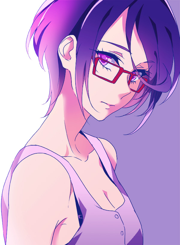 1girl bare_shoulders breasts cleavage closed_mouth collarbone dokidoki!_precure expressionless eyebrows_visible_through_hair glasses kenzaki_makoto looking_at_viewer negom precure purple_hair red-framed_eyewear short_hair simple_background sleeveless small_breasts solo upper_body violet_eyes