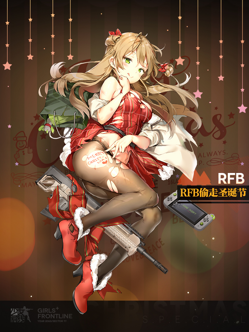 1girl :q ;&gt; anmi assault_rifle bag bangs bare_shoulders black_legwear black_panties blush body_writing boots bow breasts brown_hair bullpup character_name christmas coat copyright_name double_bun dress duffel_coat eyebrows_visible_through_hair full_body fur_trim girls_frontline green_eyes gun hair_bow half-closed_eyes heart high_heel_boots high_heels holding kel-tec_rfb long_hair looking_at_viewer lying medium_breasts merry_christmas nintendo_switch official_art on_side open_clothes open_coat open_mouth panties pantyhose red_bow red_dress red_footwear rfb_(girls_frontline) rifle santa_costume shopping_bag smile solo thighs tongue tongue_out torn_clothes underwear weapon