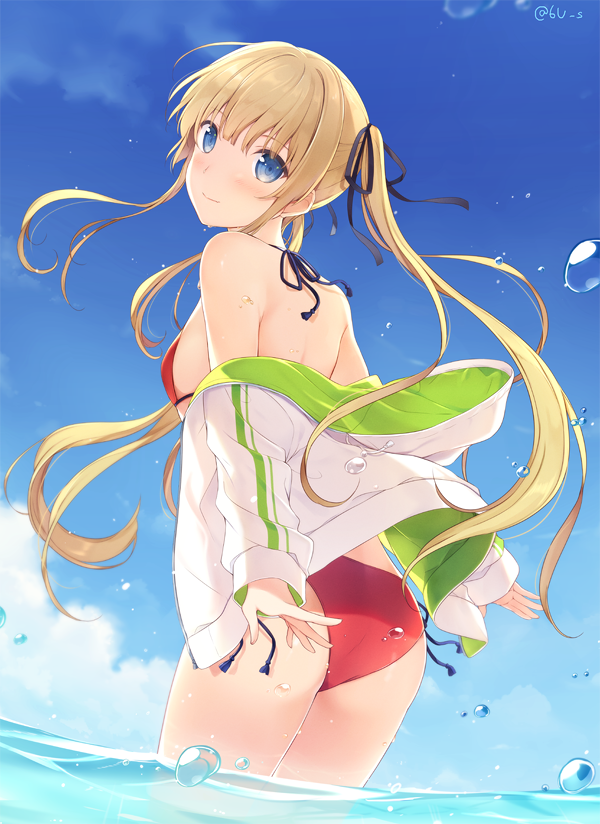 1girl 6u_(eternal_land) ass bangs bare_shoulders bikini blonde_hair blue_eyes blue_sky blush commentary_request day eyebrows_visible_through_hair hair_ribbon jacket long_hair looking_at_viewer looking_back navel off_shoulder open_clothes open_jacket outdoors partially_submerged red_bikini ribbon saenai_heroine_no_sodatekata sawamura_spencer_eriri side-tie_bikini signature sky smile solo swimsuit twintails water