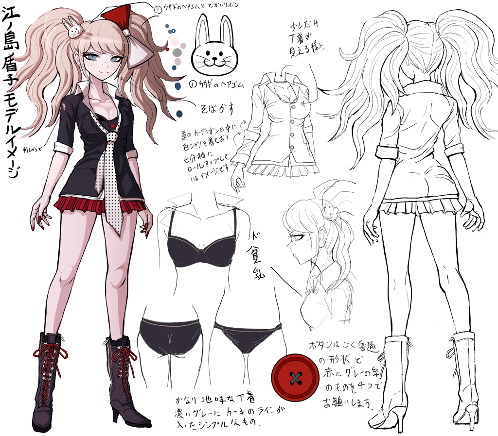 1girl bangs blue_eyes boots bow breasts bunny_hair_ornament character_sheet collarbone concept_art dangan_ronpa dangan_ronpa_1 enoshima_junko fingernails freckles full_body hair_bow hair_ornament high_heel_boots high_heels ikusaba_mukuro komatsuzaki_rui lineart long_fingernails long_hair looking_at_viewer miniskirt necktie official_art pleated_skirt school_uniform simple_background skirt sleeves_rolled_up small_breasts smile standing twintails