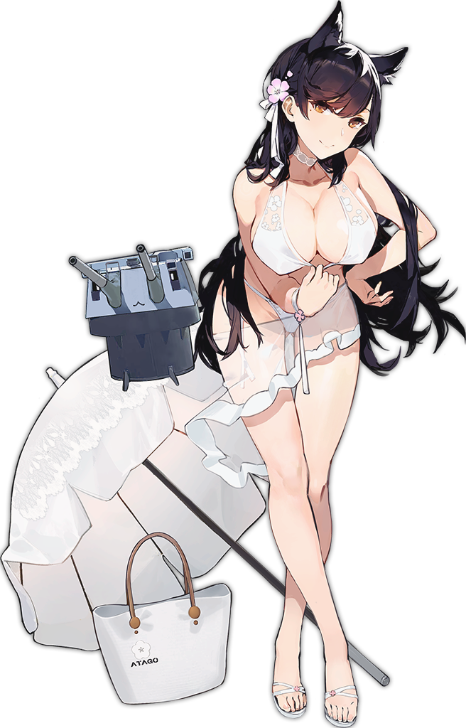 1girl animal_ears atago_(azur_lane) azur_lane bag bangs bare_arms bare_shoulders bent_over bikini bikini_pull black_hair breasts cat_ears choker cleavage closed_mouth collarbone erect_nipples eyebrows_visible_through_hair floral_print flower full_body gluteal_fold hair_between_eyes hair_flower hair_ornament hair_ribbon hand_on_hip handbag highleg highleg_bikini kishiyo large_breasts legs legs_crossed long_hair looking_at_viewer machinery mole mole_under_eye official_art orange_eyes parasol pulled_by_self ribbon sandals simple_background smile solo standing swimsuit toenails transparent_background turret umbrella watson_cross white_bikini white_choker white_ribbon wristband