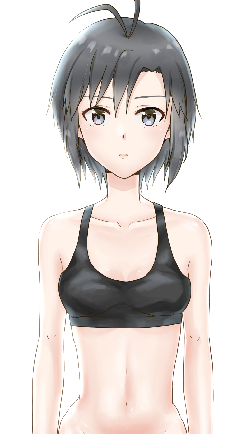 1girl antenna_hair arms_at_sides asymmetrical_bangs bangs bare_arms bare_shoulders black_bra black_hair blue_eyes blush bottomless bra breasts cleavage collarbone groin highres idolmaster idolmaster_(classic) idolmaster_2 kikuchi_makoto looking_at_viewer mogskg navel out-of-frame_censoring parted_lips short_hair simple_background small_breasts stomach tareme under-rim_eyewear underwear upper_body white_background
