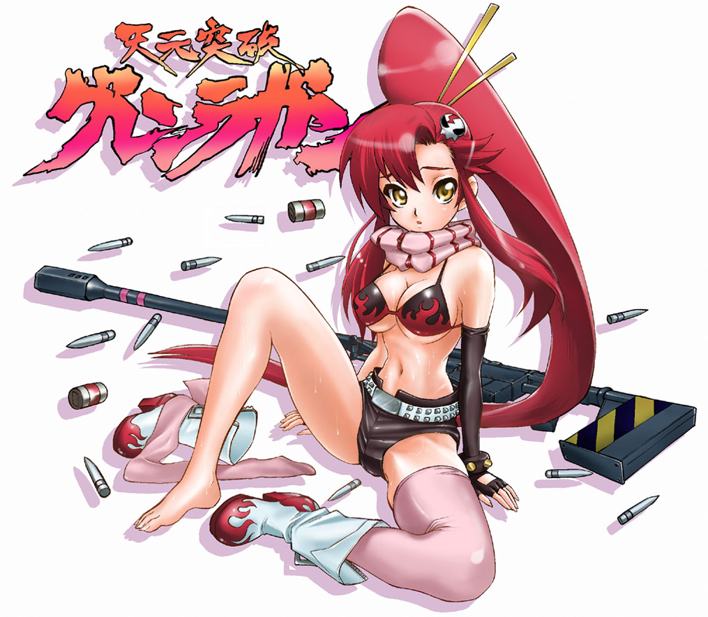 barefoot belt bikini_top boots breasts bullet cleavage elbow_gloves feet fingerless_gloves gloves gun maruyama midriff navel one_shoe one_sock payot pink_legwear pink_thighhighs ponytail red_hair redhead rifle shorts single_shoe single_sock sitting sniper_rifle socks spread_legs sweat tengen_toppa_gurren_lagann thigh-highs thighhighs weapon yellow_eyes yoko_littner yoko_ritona