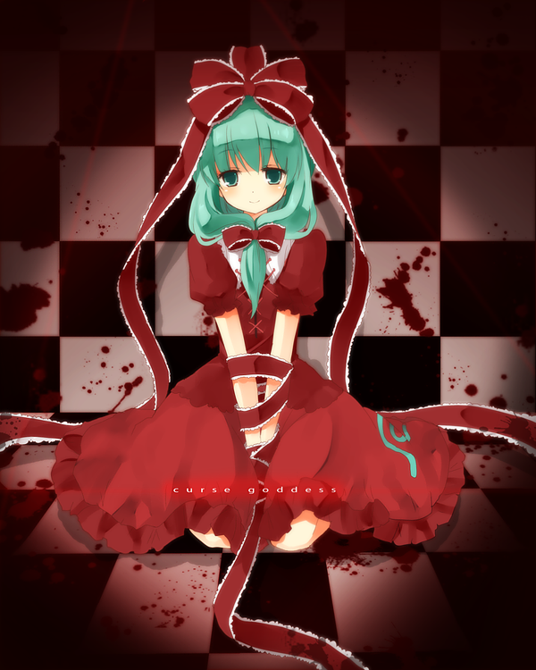 blush bow braid checkered checkered_background dress front_ponytail green_eyes green_hair hair_bow kagiyama_hina kurot red_dress ribbon sitting smile solo touhou