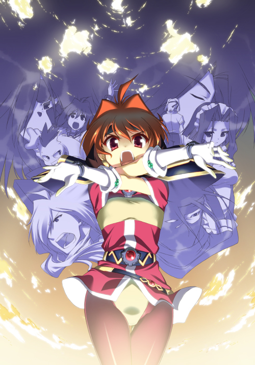 brown_hair cape frown gloves gourry_gabriev hyouju_issei lina_inverse looking_at_viewer open_mouth ozel pantyhose sky slayers slayers_revolution tsukiyo-b x_arms zelgadiss_graywords