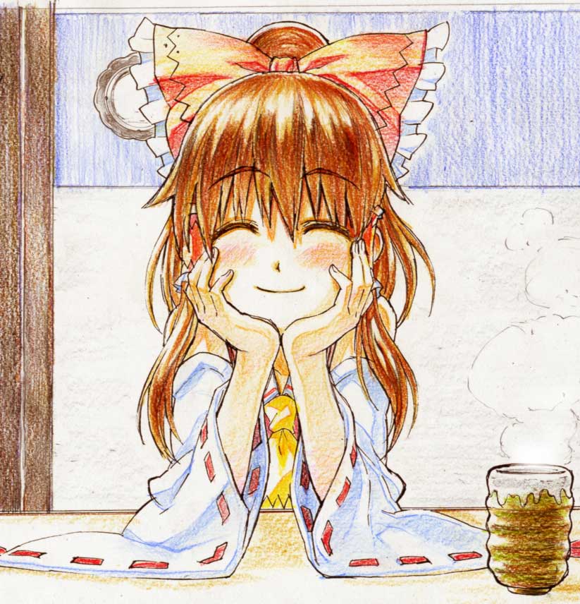 ^_^ brown_hair closed_eyes hakurei_reimu hands_on_own_cheeks hands_on_own_face happy japanese_clothes miko ribbon sakino_shingetsu solo touhou traditional_media