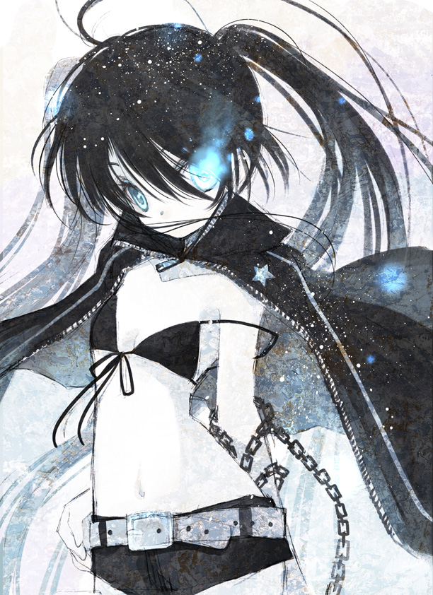 bikini_top black_hair black_rock_shooter black_rock_shooter_(character) blue_eyes cape chain chains flat_chest glowing glowing_eyes hand_on_hip hato_rami hotpants long_hair midriff pale_skin short_shorts shorts solo strap_slip twintails very_long_hair wind