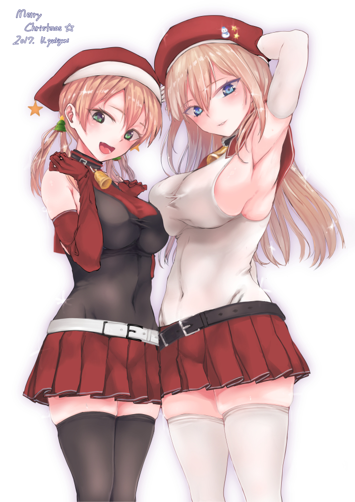 2girls alternate_costume arm_up armpits artist_request bare_shoulders bell belt bismarck_(kantai_collection) black_legwear blonde_hair blue_eyes breasts detached_sleeves elbow_gloves english gloves hat kantai_collection large_breasts long_hair looking_at_viewer merry_christmas multiple_girls navel_cutout open_mouth pleated_skirt prinz_eugen_(kantai_collection) red_skirt santa_costume santa_hat skirt smile tagme thigh-highs twintails white_legwear