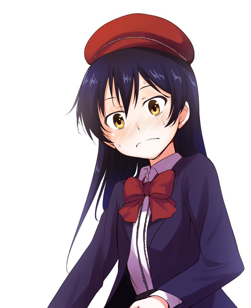 1girl bangs beret blue_hair blush commentary_request hair_between_eyes hat long_hair looking_at_viewer love_live! love_live!_school_idol_project nanotsuki red_ribbon ribbon simple_background solo sonoda_umi wavy_mouth white_background yellow_eyes