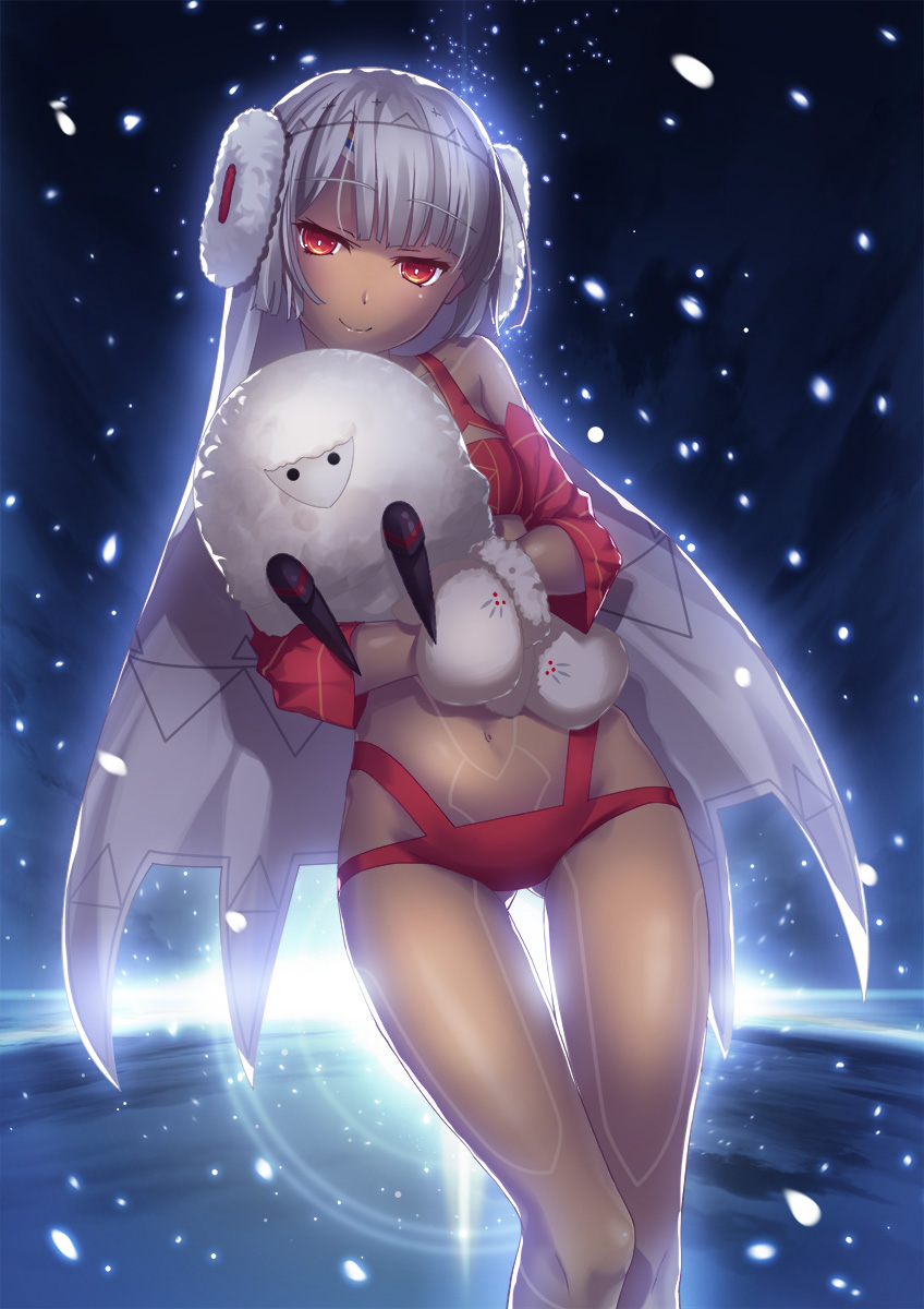 1girl altera_(fate) altera_the_santa bare_shoulders blush commentary_request crossed_arms dark_skin detached_sleeves earmuffs fate/grand_order fate_(series) highres looking_at_viewer mittens navel red_eyes sheep short_hair smile solo veil white_hair yoshida_takuma
