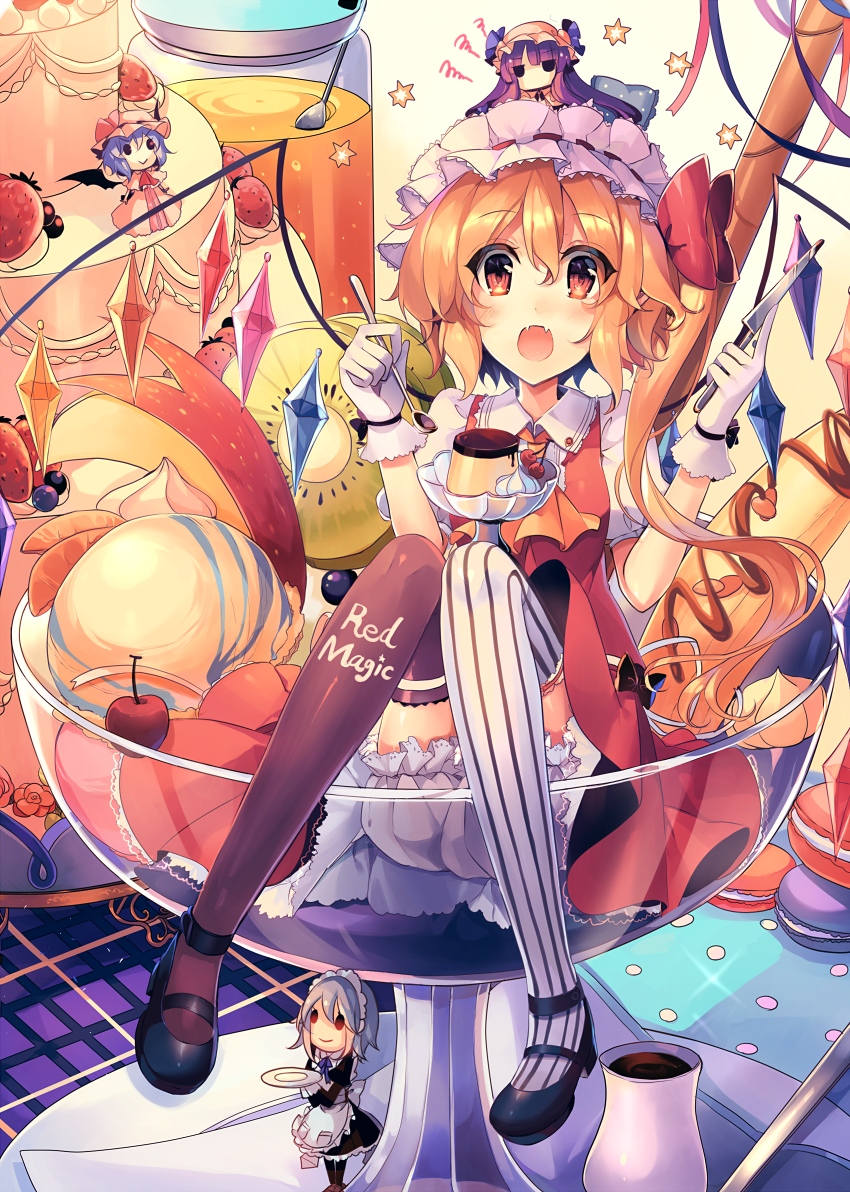 1girl apron banana bangs black_legwear blonde_hair bloomers blue_hair blueberry blunt_bangs bow cake character_doll cherry commentary_request cup drinking_glass fangs flandre_scarlet food frilled_apron frills fruit gloves hat hat_bow holding holding_knife holding_spoon honey ice_cream izayoi_sakuya jar juliet_sleeves kirero kiwi_slice knife long_hair long_sleeves macaron maid_apron maid_headdress mismatched_legwear mob_cap open_mouth patchouli_knowledge plate pudding puffy_short_sleeves puffy_sleeves purple_hair red_bow red_eyes remilia_scarlet short_hair short_sleeves side_ponytail silver_hair sitting smile spoon star strawberry striped striped_legwear sundae thigh-highs touhou underwear vertical-striped_legwear vertical_stripes very_long_hair whipped_cream white_gloves white_legwear wings