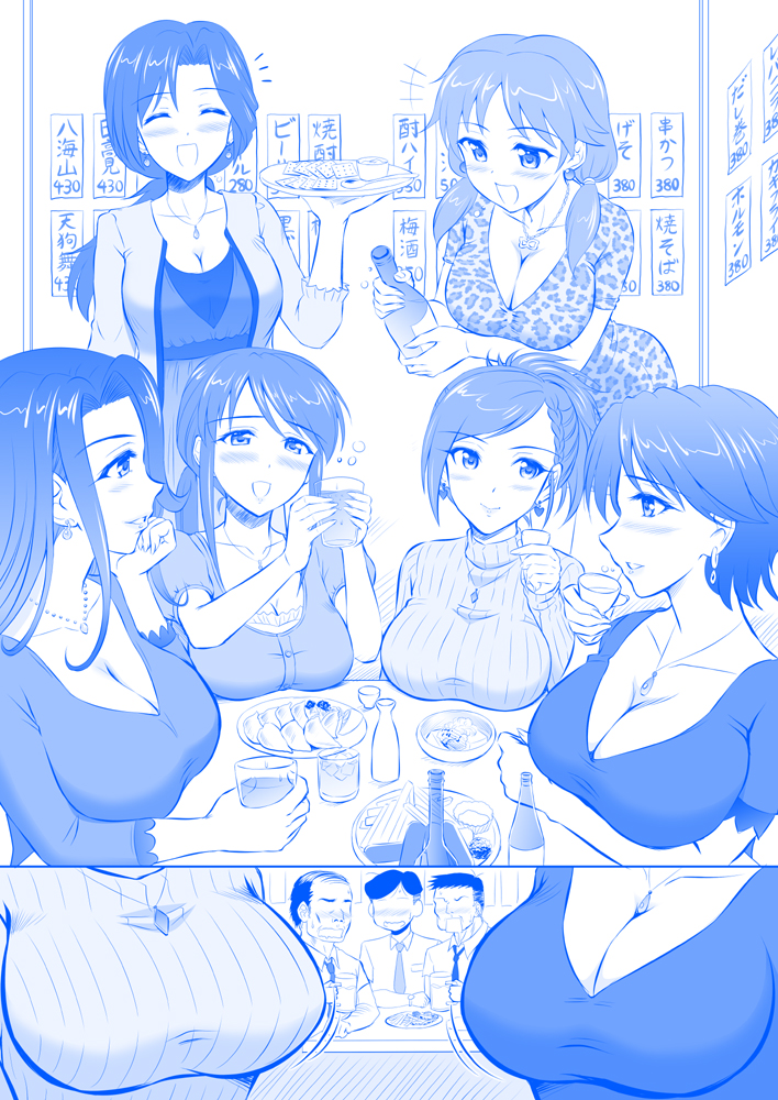 alcohol bangs blue blush bottle breasts character_request cleavage closed_eyes collarbone comic eyebrows_visible_through_hair greyscale holding holding_bottle idolmaster idolmaster_cinderella_girls jewelry kishi_nisen large_breasts long_hair mifune_miyu monochrome multiple_boys multiple_girls necklace open_mouth ponytail short_hair short_sleeves silent_comic sitting smile sweatdrop