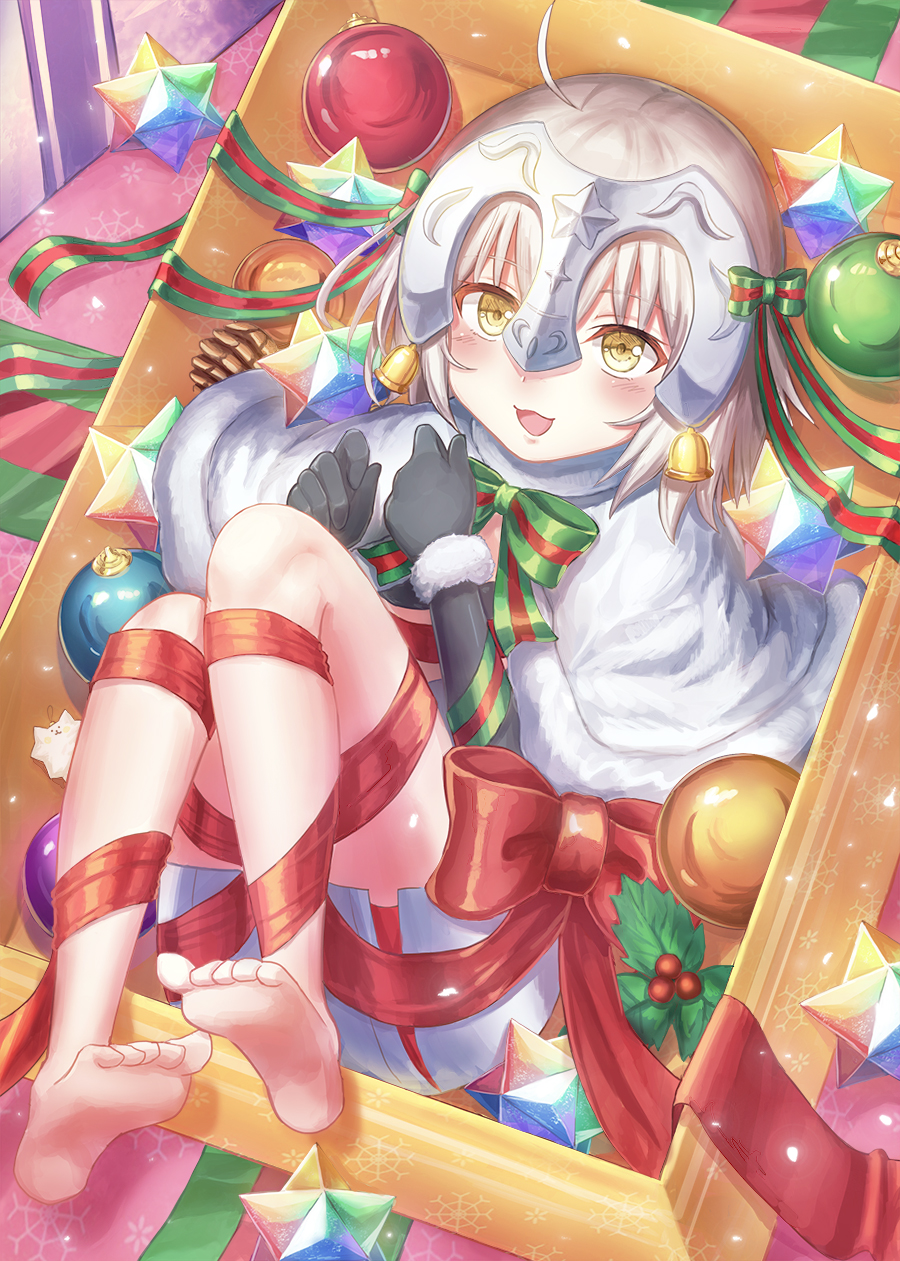 1girl ahoge barefoot bell black_gloves blonde_hair blush bow christmas elbow_gloves fate/grand_order fate_(series) gloves headpiece highres jeanne_d'arc_(fate)_(all) jeanne_d'arc_alter_santa_lily lying on_back open_mouth red_bow red_ribbon ribbon seungju_lee small_stellated_dodecahedron smile solo yellow_eyes