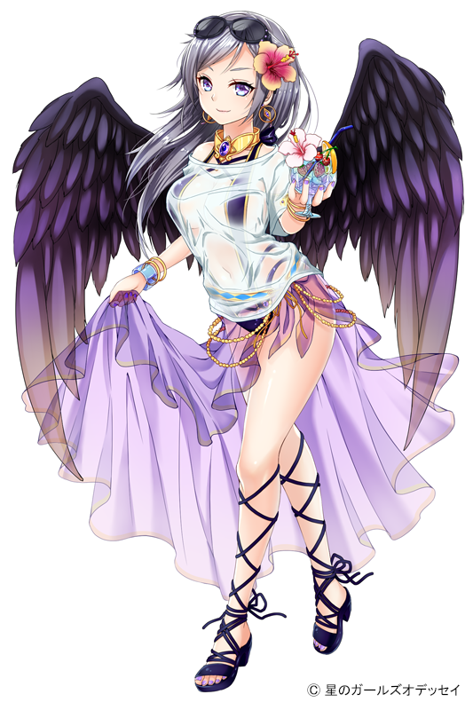 1girl black_wings bracelet copyright_name cup drinking_glass earrings eyewear_on_head feathered_wings fingernails flower full_body grey_hair hera_(hoshi_no_girls_odyssey) holding holding_drinking_glass hoshi_no_girls_odyssey jewelry long_hair minamoto_mamechichi nail_polish official_art purple_nails sarong see-through shirt shoes solo swimsuit toenails wet wet_clothes wet_shirt white_background wings
