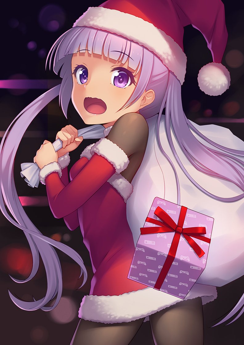 1girl athrun1120 black_legwear box christmas cowboy_shot dress eyebrows_visible_through_hair from_side fur_trim gift gift_box hat holding lavender_hair long_hair long_sleeves new_game! open_mouth pantyhose red_dress sack santa_costume santa_hat solo suzukaze_aoba twintails very_long_hair violet_eyes wavy_mouth