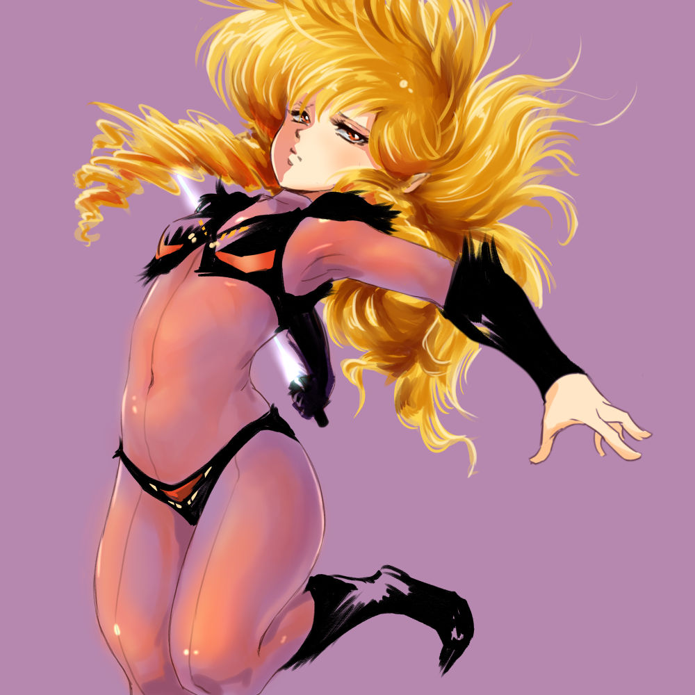 1girl black_footwear blonde_hair bodysuit boots closed_mouth covered_navel expressionless iczer-1 iczer_(series) kemi_(kemi433) knee_boots long_hair orange_eyes pink_bodysuit purple_background simple_background solo tatakae!!_iczer-1