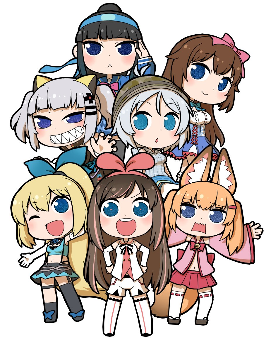 &gt;:&lt; &gt;:d 6+girls :&gt; :&lt; :d :o ;d a.i._channel al_bhed_eyes animal_ears aoi_ch. asymmetrical_legwear bangs black_dress black_hair black_legwear blue_headband blue_ribbon blue_rose blue_shirt blunt_bangs bow bowtie breasts brown_hair butterfly chestnut_mouth chibi chintai_(mansyontintai) closed_mouth crop_top dennou_shoujo_youtuber_shiro detached_sleeves dot_nose dress eyebrows eyebrows_visible_through_hair facing_viewer flat_chest flower fox_ears fox_tail fuji_aoi fujisaki_yua garter_straps grin hair_between_eyes hair_bow hair_ornament hair_ribbon hairband hairclip headband high_ponytail kaguya_luna kaguya_luna_(character) kemomimi_vr_channel kizuna_ai large_breasts legs_apart long_hair long_sleeves looking_at_viewer medium_breasts mirai_akari mirai_akari_project multicolored_hair multiple_girls navel nekomasu_(kemomimi_vr_channel) obi one_eye_closed open_mouth orange_hair pink_bow pink_hair pink_hairband pink_neckwear pink_ribbon plaid plaid_shirt ponytail ribbon ribbon-trimmed_clothes ribbon-trimmed_legwear ribbon_trim rose sailor_collar salute sash school_uniform serafuku sharp_teeth shiro_(dennou_shoujo_youtuber_shiro) shirt short_hair shorts sidelocks silver_hair simple_background skirt sleeveless sleeveless_dress sleeveless_shirt smile standing stomach streaked_hair striped striped_bow striped_neckwear suspenders swept_bangs tabi tail tareme teeth thigh-highs thigh_strap twintails two-tone_hair underbust uneven_eyes violet_eyes white_background white_legwear white_shorts wide_sleeves x_hair_ornament yua_(youtube) zettai_ryouiki