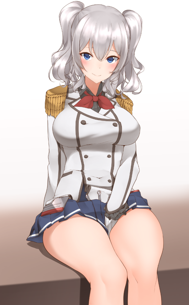 1girl arm_at_side bangs between_legs blue_eyes blue_skirt blush breasts brown_background closed_mouth collared_shirt covered_navel epaulettes frilled_sleeves frills gloves gradient gradient_background hair_between_eyes hand_between_legs hechi_(hechi322) kantai_collection kashima_(kantai_collection) large_breasts long_sleeves looking_at_viewer military_jacket miniskirt neck_ribbon no_hat no_headwear pleated_skirt red_neckwear red_ribbon ribbon shirt short_hair silver_hair sitting skirt smile solo thighs twintails wavy_hair white_gloves wing_collar