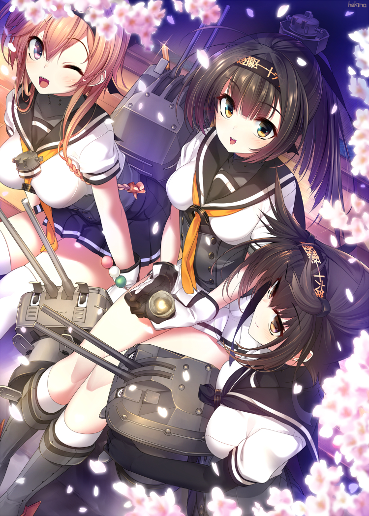 3girls :d akizuki_(kantai_collection) bangs black_hair black_legwear black_skirt blue_eyes blush bodysuit breasts brown_eyes chou-10cm-hou-chan chou-10cm-hou-chan_(hatsuzuki's) chou-10cm-hou-chan_(teruzuki's) closed_mouth dragonmaterial eyebrows_visible_through_hair gloves hatsuzuki_(kantai_collection) headband kantai_collection light_brown_hair long_hair looking_at_viewer looking_up medium_breasts multiple_girls one_eye_closed open_mouth pleated_skirt sailor_collar shoes short_sleeves sitting skirt small_breasts smile socks striped striped_skirt teruzuki_(kantai_collection) white_gloves white_legwear yellow_eyes yellow_neckwear