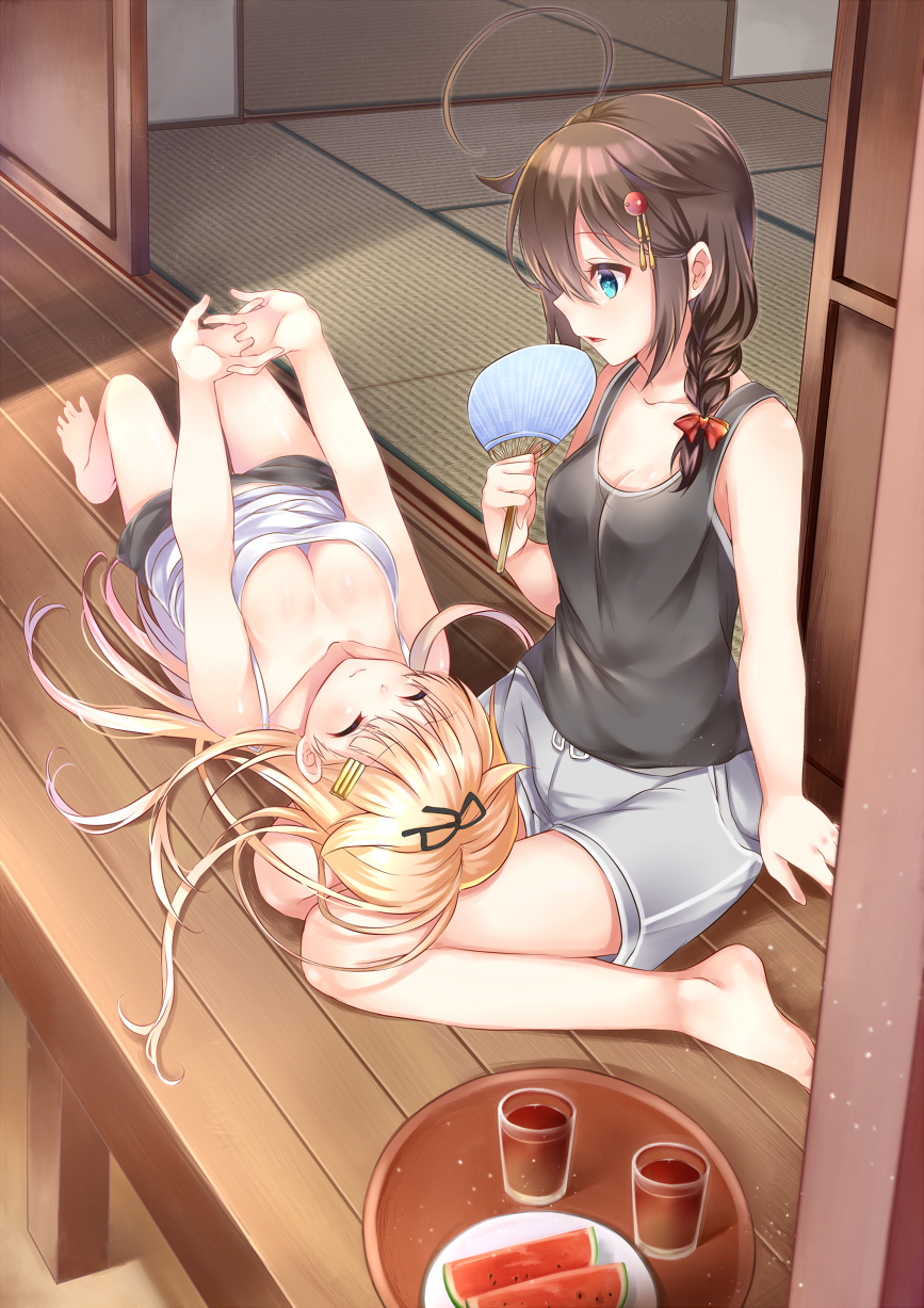 2girls ahoge arm_support bangs bare_shoulders black_ribbon black_shorts black_singlet blonde_hair blue_eyes blush braid breasts brown_hair cleavage closed_eyes closed_mouth collarbone cup eyebrows_visible_through_hair fan food fruit grey_shorts hair_flaps hair_ornament hair_over_shoulder hair_ribbon hairclip hands_together highres holding holding_fan kantai_collection knees_up lap_pillow long_hair looking_at_another lying lying_on_another mashiro_aa medium_breasts multiple_girls on_back open_mouth outstretched_arms red_eyes remodel_(kantai_collection) ribbon shigure_(kantai_collection) shorts single_braid singlet sitting skirt smile stretch tatami tray wariza watermelon white_singlet yuudachi_(kantai_collection)