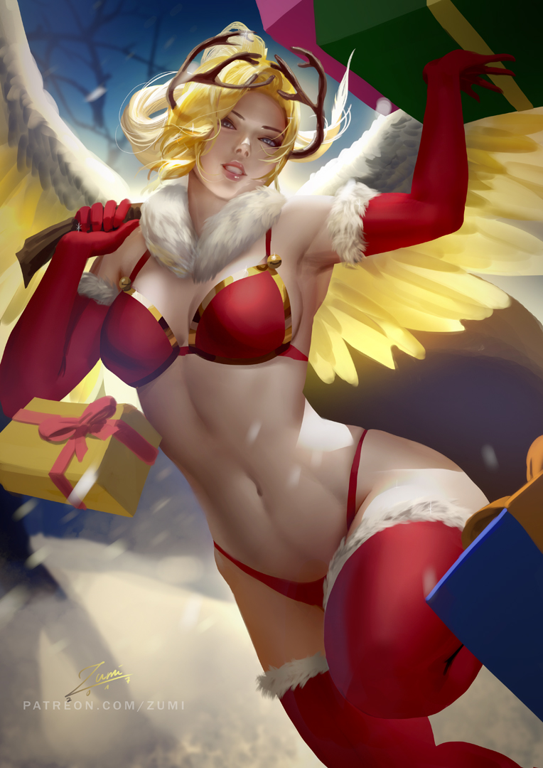 1girl angel_wings banned_artist bikini blonde_hair blue_eyes box breasts christmas commentary cowboy_shot dress elbow_gloves fake_antlers feathered_wings fur-trimmed_legwear fur_trim gift gift_box gloves holding holding_gift holding_sack looking_at_viewer medium_breasts mercy_(overwatch) navel one_leg_raised outdoors overwatch parted_lips red_bikini red_dress red_gloves red_legwear sack santa_costume smile snow snowing solo swimsuit thigh-highs wings yellow_wings zumi_(zumidraws)