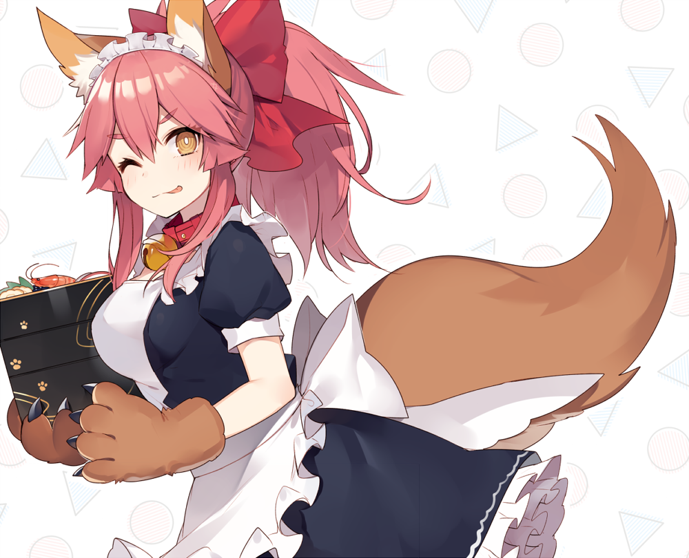 ;p animal_ears apron bell black_dress blush bow breasts bright_pupils brown_eyes brown_gloves circle closed_mouth collar dress fate/grand_order fate_(series) fox_ears fox_tail frilled_apron frilled_dress frills from_side gloves hair_between_eyes hair_bow holding jingle_bell long_hair looking_at_viewer looking_to_the_side maid_headdress medium_breasts muryotaro one_eye_closed paw_gloves paws pink_hair ponytail puffy_short_sleeves puffy_sleeves red_bow short_sleeves shrimp sidelocks tail tamamo_(fate)_(all) tamamo_cat_(fate) tongue tongue_out triangle v-shaped_eyebrows white_apron