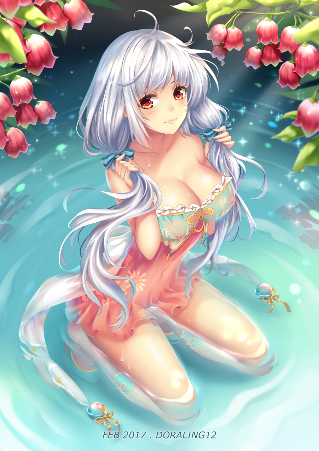 1girl ahoge artist_name bangs blush borrowed_character breasts brown_eyes cleavage commentary dated erect_nipples floral_print flower high_heels highres holding holding_hair kneeling lake large_breasts ling_(doraling12) lips long_hair looking_at_viewer navel original partially_submerged pink_flower ripples see-through smile solo very_long_hair water white_hair