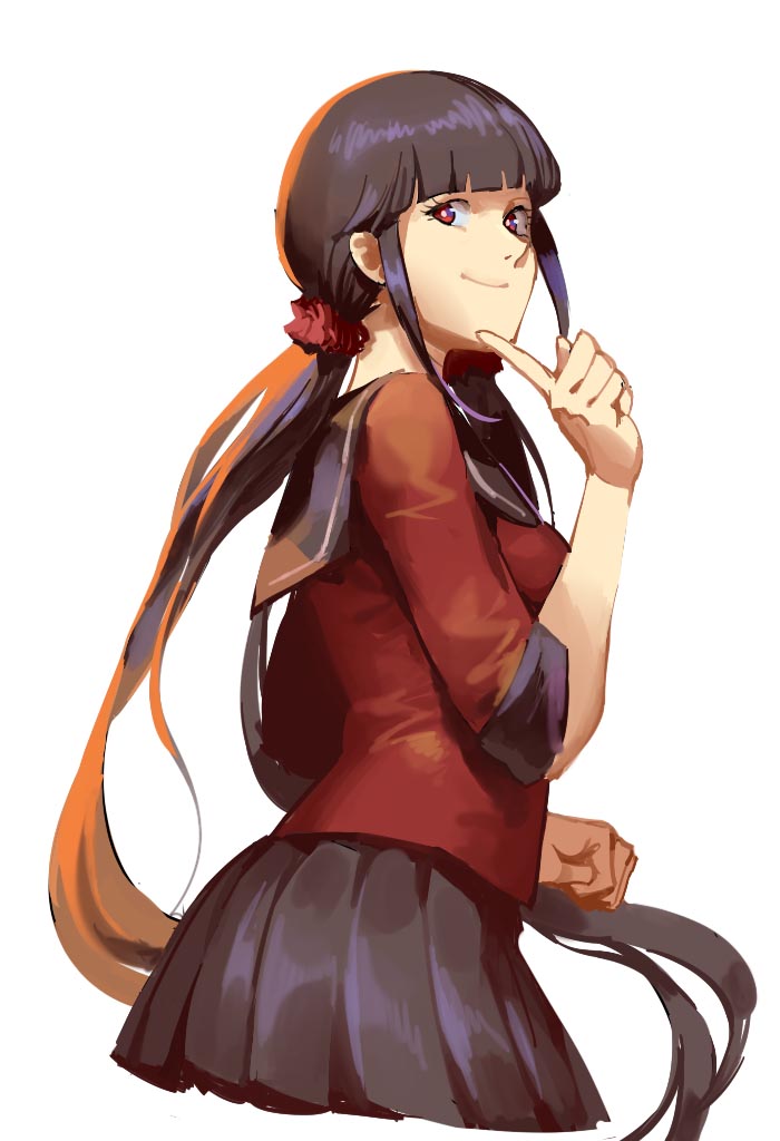 1girl bangs black_hair black_skirt blunt_bangs clenched_hand closed_mouth dangan_ronpa from_side hair_ornament hair_scrunchie hand_up harukawa_maki long_hair looking_at_viewer looking_to_the_side low_twintails new_dangan_ronpa_v3 pleated_skirt red_eyes ruukii_drift sailor_collar school_uniform scrunchie serafuku shirt side_glance simple_background skirt smile solo twintails upper_body very_long_hair white_background