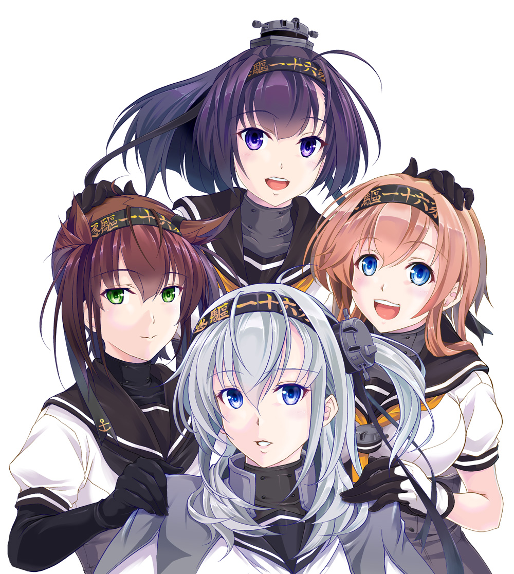 4girls ahoge akizuki_(kantai_collection) alternate_eye_color black_gloves black_hair blue_eyes bodysuit braid brown_hair clothes_writing gloves green_eyes hachimaki hair_between_eyes hair_flaps hatsuzuki_(kantai_collection) headband kantai_collection light_brown_hair long_hair map_(blue_catty) multiple_girls neckerchief one_side_up open_mouth parted_lips ponytail school_uniform serafuku short_hair silver_hair simple_background smile suzutsuki_(kantai_collection) teruzuki_(kantai_collection) twin_braids upper_body violet_eyes white_background white_gloves