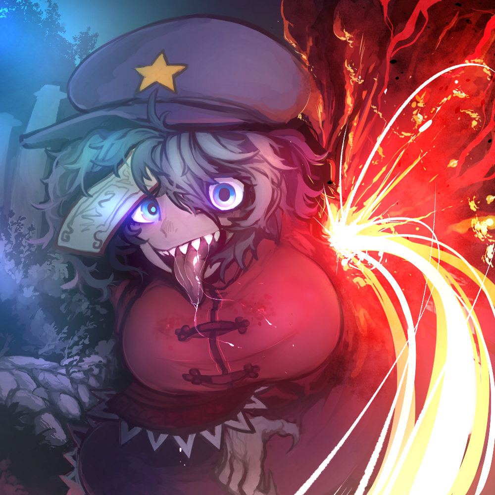 1girl aqua_background black_footwear blood blue_hair blue_hat breasts claws hair_between_eyes hat large_breasts looking_at_viewer miyako_yoshika night night_sky ofuda open_mouth outdoors pigeoncrow pink_eyes saliva sharp_teeth shoes sky smile solo star teeth tongue tongue_out touhou