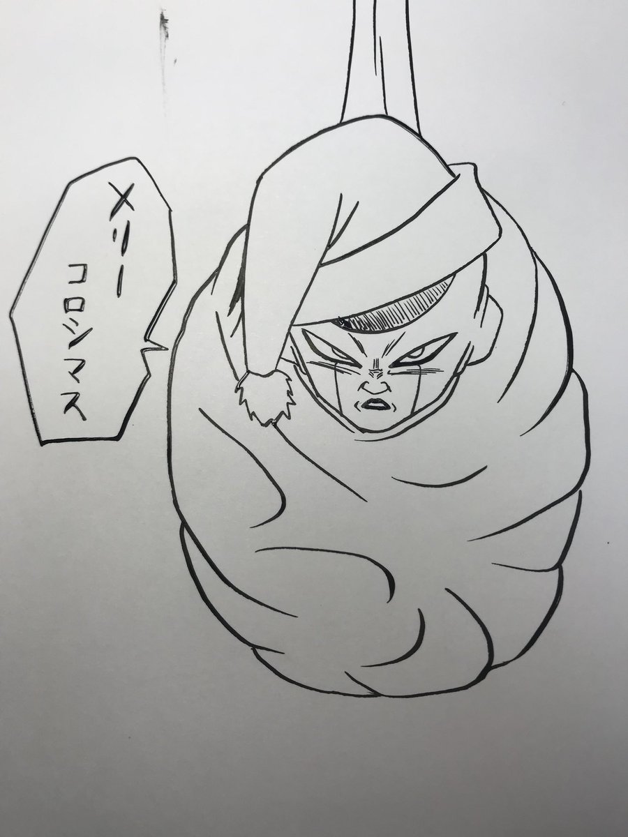 1boy christmas dragon_ball frieza frown hat highres image_sample looking_at_viewer male_focus monochrome santa_hat serious speech_bubble translation_request twitter_sample