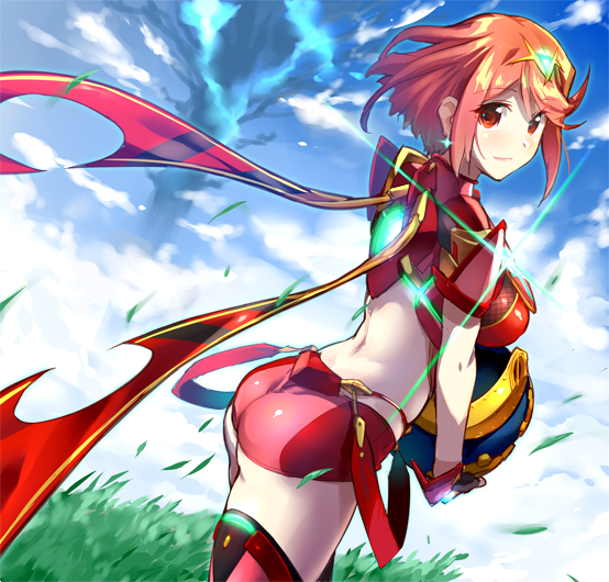 1girl ass blush breasts chikugen_shiina earrings fingerless_gloves gloves hair_ornament pyra_(xenoblade) jewelry large_breasts looking_at_viewer red_eyes redhead short_hair shorts sidelocks sky smile solo tiara tree xenoblade xenoblade_2