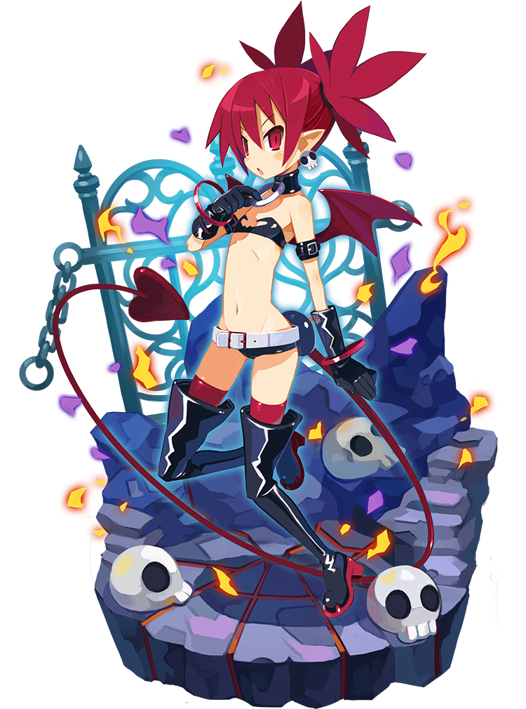 1girl alpha_transparency bat_wings demon_girl demon_tail demon_wings disgaea earrings elbow_gloves etna faux_figurine flat_chest gloves harada_takehito jewelry makai_wars mini_wings official_art pointy_ears redhead skull_earrings solo tail transparent_background wings