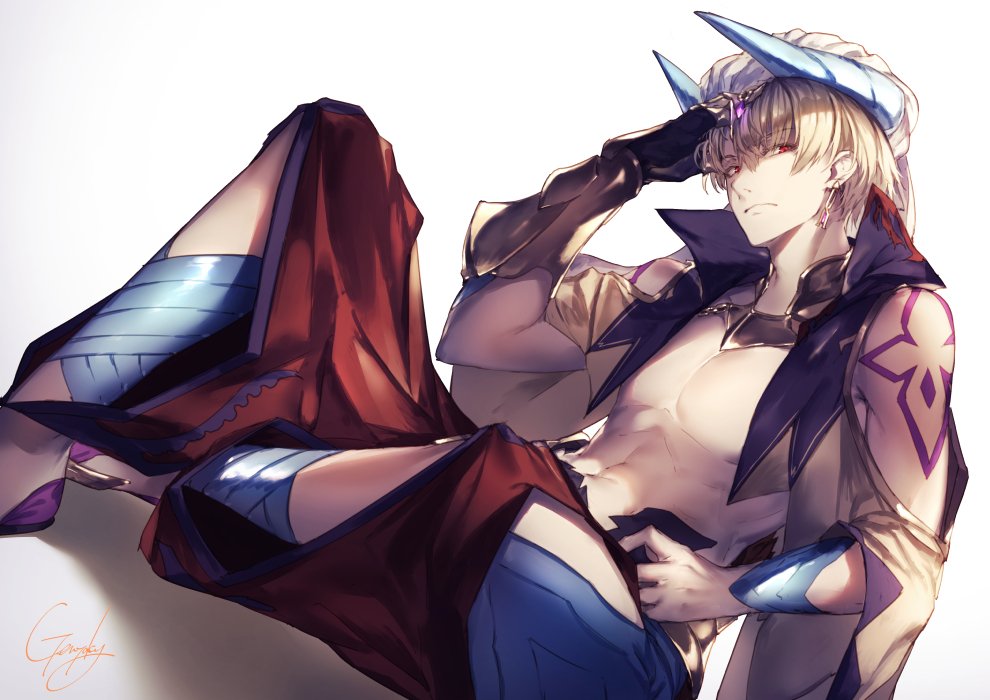 1boy abs barefoot blonde_hair closed_mouth commentary_request dutch_angle earrings fate/grand_order fate_(series) gilgamesh gilgamesh_(caster)_(fate) gorget gradient gradient_background grey_background hand_on_hip hand_up horns jewelry kyouya_(mukuro238) looking_at_viewer male_focus navel red_eyes single_gauntlet sitting solo turban