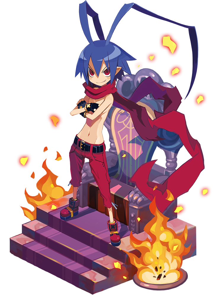 1boy antenna_hair black_gloves blue_hair boots crossed_arms disgaea faux_figurine fire gloves harada_takehito laharl makai_wars male_focus official_art red_eyes red_footwear scarf shirtless solo throne