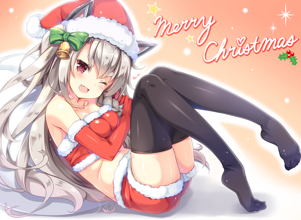 1girl ;d animal_ears azur_lane bandeau bangs bare_shoulders bell black_legwear blush bow breasts christmas collarbone commentary_request elbow_gloves eyebrows_visible_through_hair fang fur-trimmed_gloves fur-trimmed_hat fur-trimmed_shorts fur_trim gloves green_bow grey_hair hair_bell hair_between_eyes hair_bow hair_ornament hat head_tilt holding holding_sack large_breasts long_hair looking_at_viewer merry_christmas midriff moeki_yuuta navel no_shoes one_eye_closed open_mouth red_bandeau red_glasses red_hat red_shorts sack santa_costume santa_gloves santa_hat shorts smile solo star thick_eyebrows thigh-highs toe_scrunch very_long_hair violet_eyes wolf_ears yuudachi_(azur_lane)