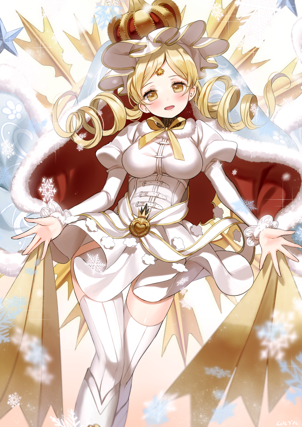 blonde_hair breasts corset crown drill_hair highres holy_mami large_breasts mahou_shoujo_madoka_magica mullpull thigh-highs tomoe_mami white_legwear zettai_ryouiki