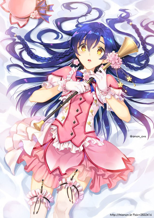 1girl bangs blue_hair braid commentary_request dress flower garter_straps gloves hair_between_eyes hat holding long_hair love_live! love_live!_school_idol_festival love_live!_school_idol_project lying on_back open_mouth pink_dress ribbon solo sonoda_umi striped thigh-highs trianon twitter_username white_gloves white_legwear yellow_eyes