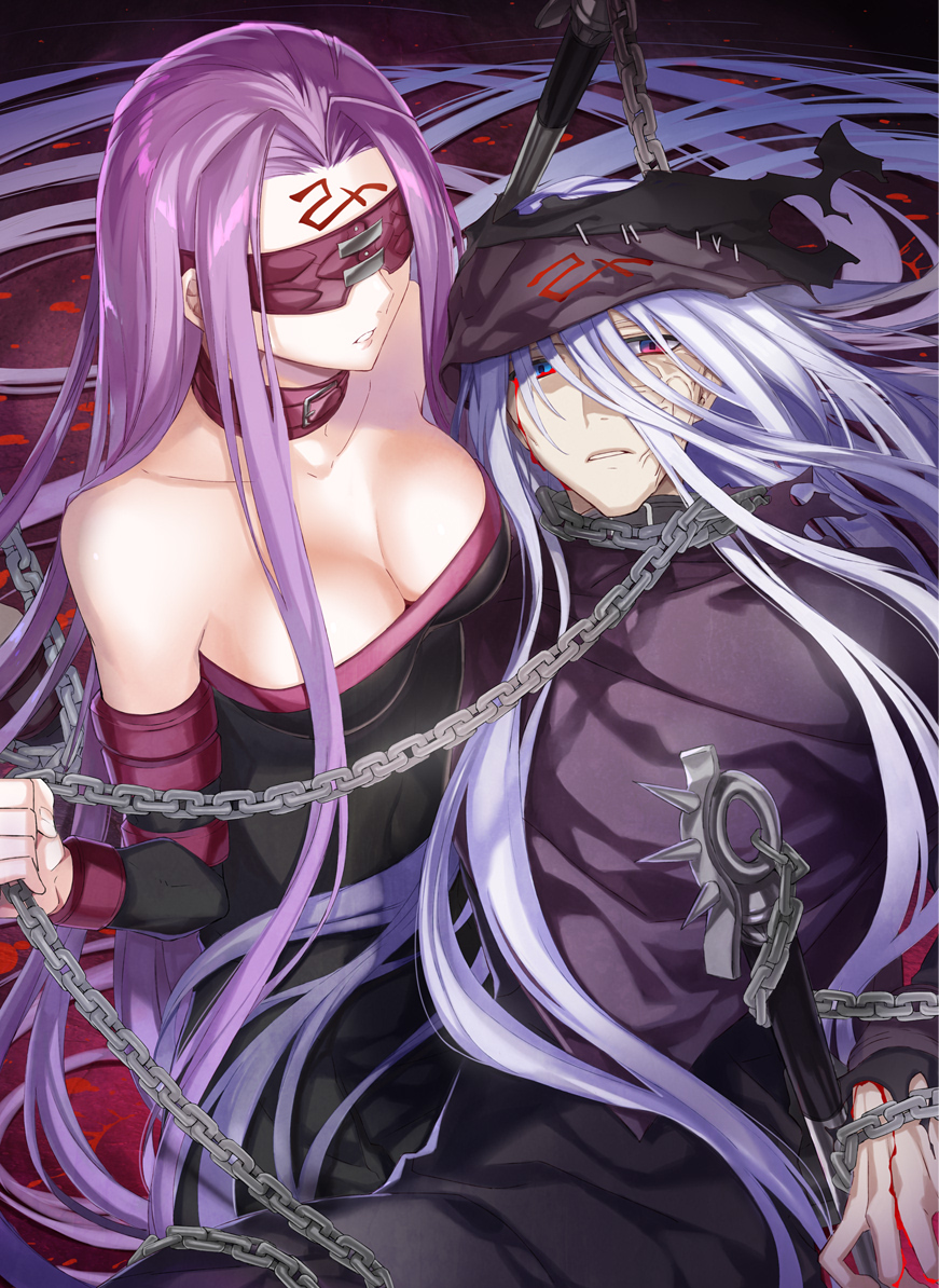 1boy 1girl alternate_form blood chains fate/stay_night fate/zero fate_(series) long_hair matou_kariya purple_hair rider torn_clothes very_long_hair violet_eyes visor white_hair ycco_(estrella)