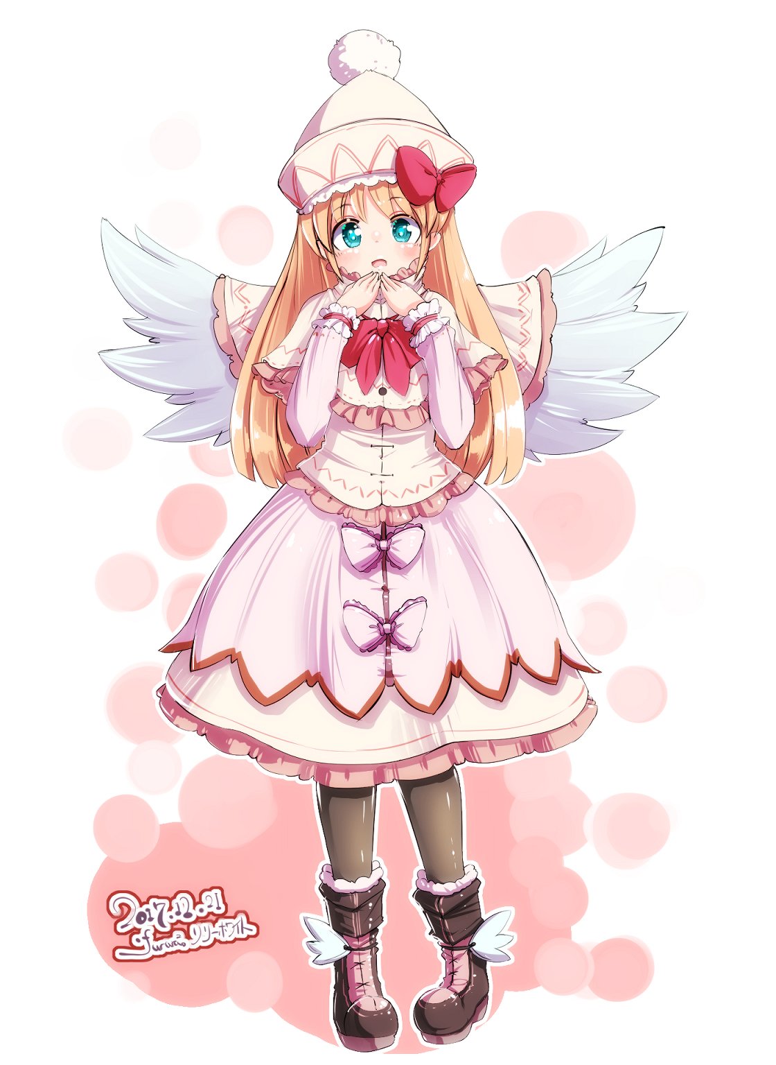 1girl angel_wings black_legwear blonde_hair blue_eyes boots dress full_body furim hand_to_own_mouth hat highres lily_white long_hair open_mouth pantyhose smile solo touhou white_dress wings