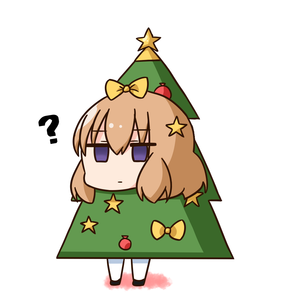 1girl ? bangs black_footwear blend_s bow christmas christmas_ornaments christmas_tree_costume closed_mouth commentary_request empty_eyes eyebrows_visible_through_hair hair_between_eyes hair_bow hair_ornament hana_kazari hoshikawa_mafuyu jitome light_brown_hair looking_at_viewer pantyhose shoes simple_background solo star star_hair_ornament violet_eyes white_background white_legwear yellow_bow