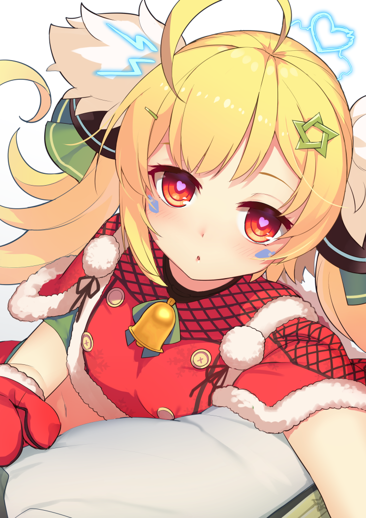 1girl ahoge azur_lane bell blonde_hair blush christmas commentary eldridge_(azur_lane) electricity facial_mark hair_ornament hairclip heart heart-shaped_pupils iltusa long_hair looking_at_viewer lying midriff mittens on_side out_of_frame parted_lips red_eyes solo star star_hair_ornament symbol-shaped_pupils twintails