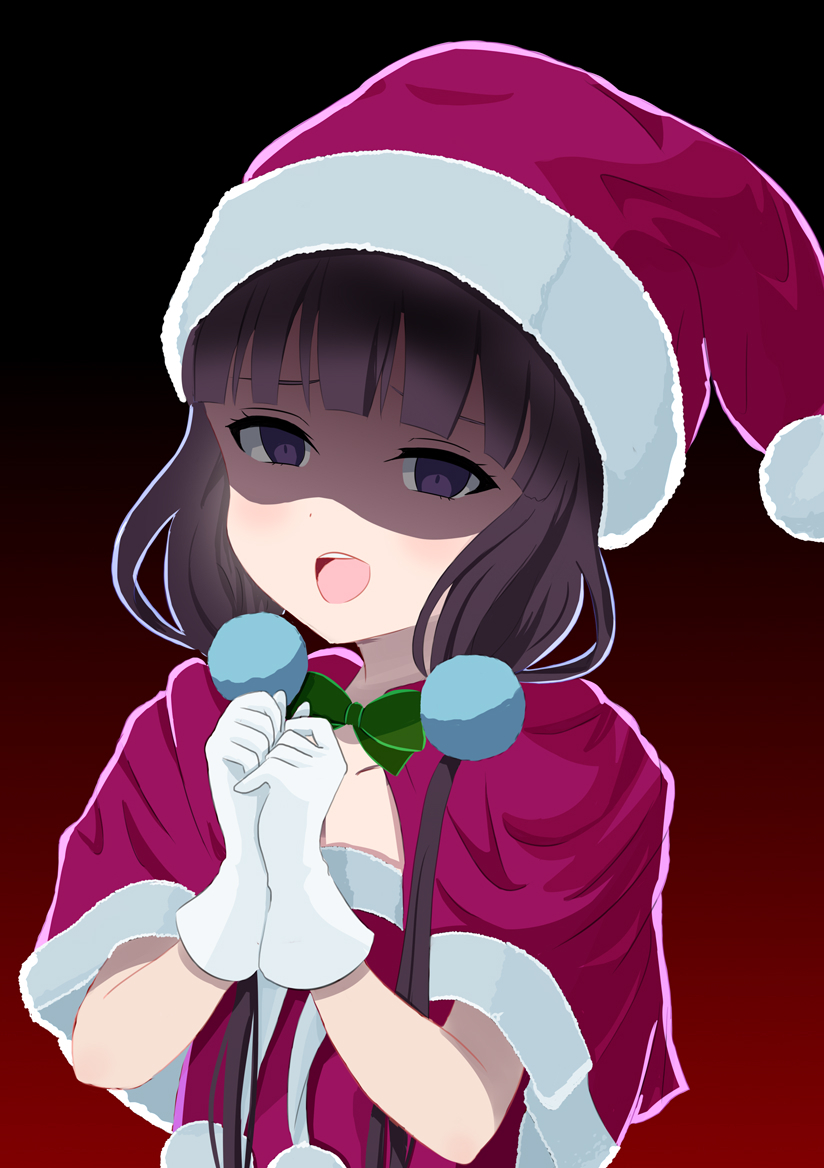 1girl :d blend_s blush bow bowtie brown_hair christmas collarbone commentary_request gloves green_neckwear half-closed_eyes hands_together hat long_hair looking_at_viewer low_twintails open_mouth sakuranomiya_maika santa_costume santa_hat shaded_face short_sleeves smile solo twintails upper_body upper_teeth violet_eyes white_gloves yutsuki_warabi