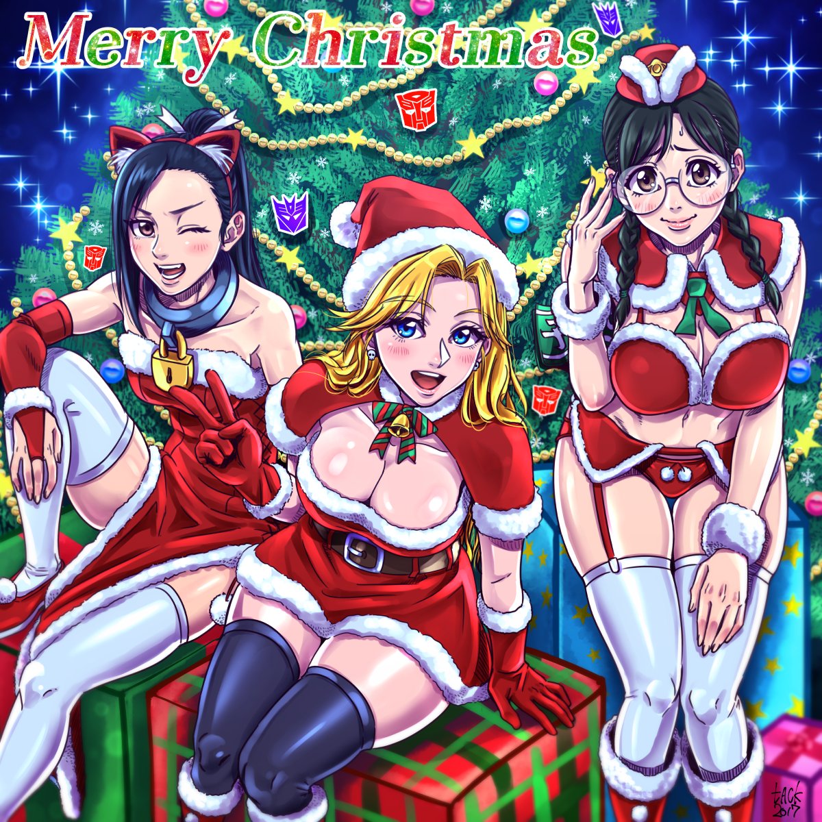 3girls alternate_costume autobot black_hair blonde_hair blue_eyes blush boots box breasts brown_eyes capelet christmas christmas_lights christmas_ornaments christmas_tree cleavage decepticon dress english full_body fur_trim gift gift_box gloves happy hat highres hitotonari_atari insignia kiss_players large_breasts li_shaoshao lips lock long_hair looking_at_viewer marissa_faireborn merry_christmas multiple_girls one_eye_closed open_mouth personification pose red_dress red_gloves ribbon santa_boots santa_costume santa_gloves santa_hat sitting skirt smile snow star starry_background striped striped_legwear tack_(dnet) teeth thigh-highs transformers twitter_username