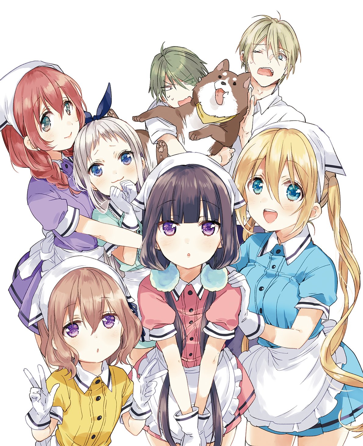 3boys 4girls :&gt; :3 :d :o ahoge akizuki_kouyou amano_miu animal apron aqua_dress bangs black_bow black_hair black_hairband blend_s blonde_hair blue_dress blue_eyes blunt_bangs blush bow braid breasts brown_hair clenched_hands closed_mouth collared_dress collared_shirt contrapposto cowboy_shot d; dino_(blend_s) dog dot_nose double_v dress everyone expressionless eyebrows_visible_through_hair eyelashes eyes_visible_through_hair floating_hair frilled_apron frilled_cuffs frilled_shirt_collar frilled_sleeves frills gloves hair_between_eyes hair_bow hair_ornament hairband hand_on_another's_shoulder hand_up hands_up head_scarf highres hinata_kaho holding holding_animal hoshikawa_mafuyu hug jitome kanzaki_hideri large_breasts leaning_forward long_hair looking_at_viewer looking_to_the_side low_twintails multiple_boys multiple_girls nakayama_miyuki no_nose nose one_eye_closed open_hand open_mouth order_(blend_s) own_hands_together pink_dress pink_hair pleated_dress pom_pom_(clothes) puffy_short_sleeves puffy_sleeves purple_dress purple_hair ribbon round_teeth sakuranomiya_maika shirt short_hair short_sleeves silver_hair simple_background sleeve_cuffs smile stile_uniform sweatdrop tareme teeth tongue tongue_out trap tsurime twin_braids twintails uniform upper_teeth v v_arms very_long_hair violet_eyes waist_apron wavy_hair wavy_mouth white_apron white_background white_gloves white_ribbon white_shirt yellow_dress