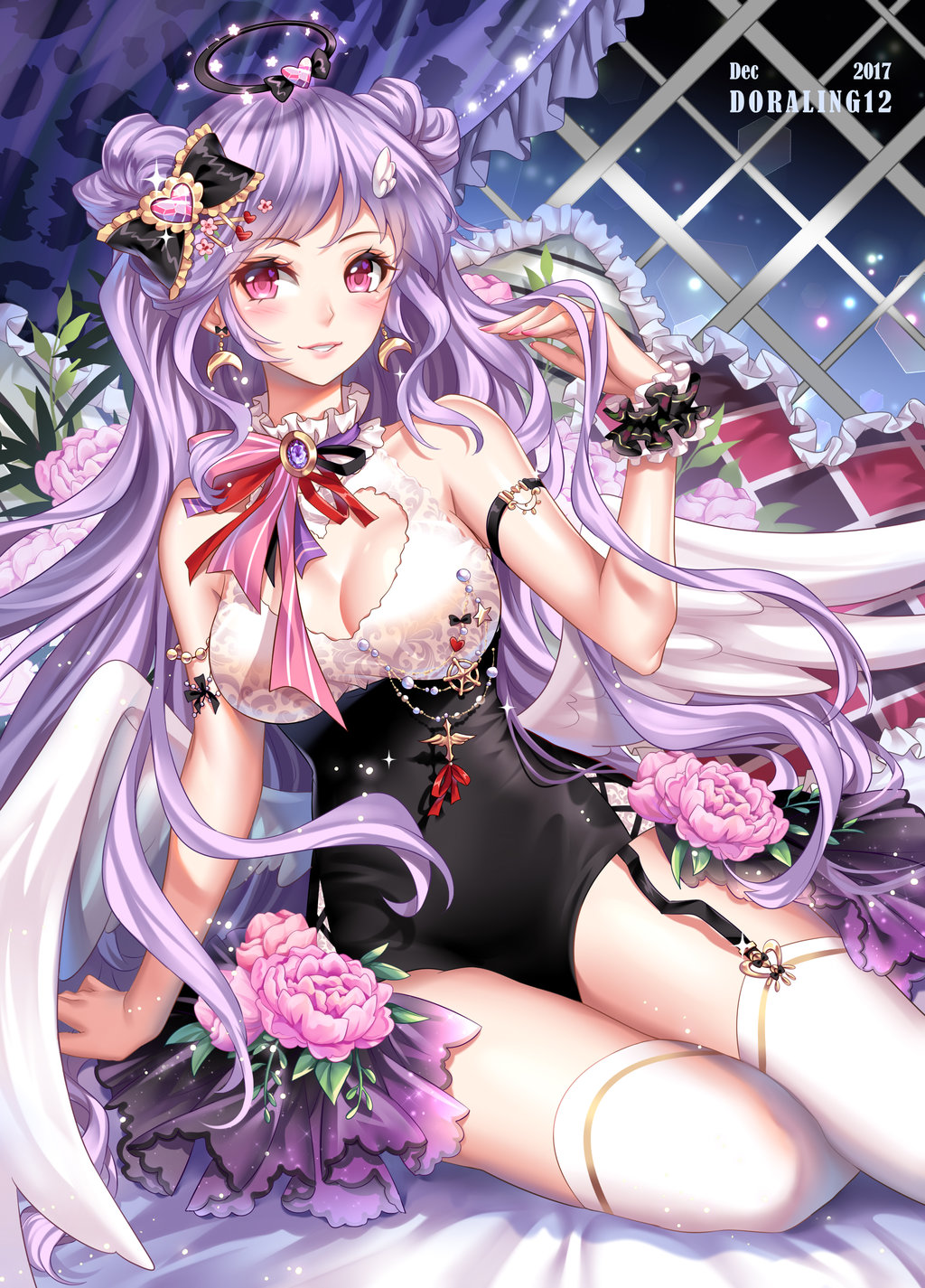 1girl angel angel_wings arm_support arm_up artist_name black_bow blush borrowed_character bow breasts commentary commission crescent_moon crescent_moon_earrings curtains dated earrings eyebrows_visible_through_hair fingernails flower garter_straps gold hair_bow halo heart highres jewelry lavender_hair leaf ling_(doraling12) long_hair looking_at_viewer medium_breasts moon nail_polish necklace original over-kneehighs pink_eyes pink_flower pink_nails sidelocks sitting sleeveless smile solo thigh-highs very_long_hair white_legwear white_wings wings wrist_cuffs yokozuwari