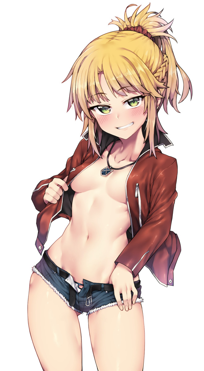 1girl bangs belt blonde_hair breasts cutoffs eyebrows_visible_through_hair fate/apocrypha fate_(series) green_eyes grin highres jacket jewelry jp06 long_hair looking_at_viewer mordred_(fate) mordred_(fate)_(all) navel no_bra open_clothes open_fly open_jacket pendant ponytail short_shorts shorts small_breasts smile solo stomach