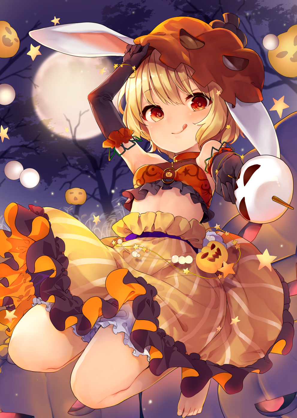 1girl :q animal_ears arm_up bangs barefoot black_gloves blonde_hair bloomers breasts closed_mouth crop_top elbow_gloves full_body full_moon gloves highres jack-o'-lantern kedama_milk licking_lips looking_at_viewer microphone moon night night_sky orange_eyes outdoors pumpkin_hat rabbit_ears ringo_(touhou) skirt sky small_breasts smile solo star striped striped_skirt tongue tongue_out touhou tree underwear yellow_skirt