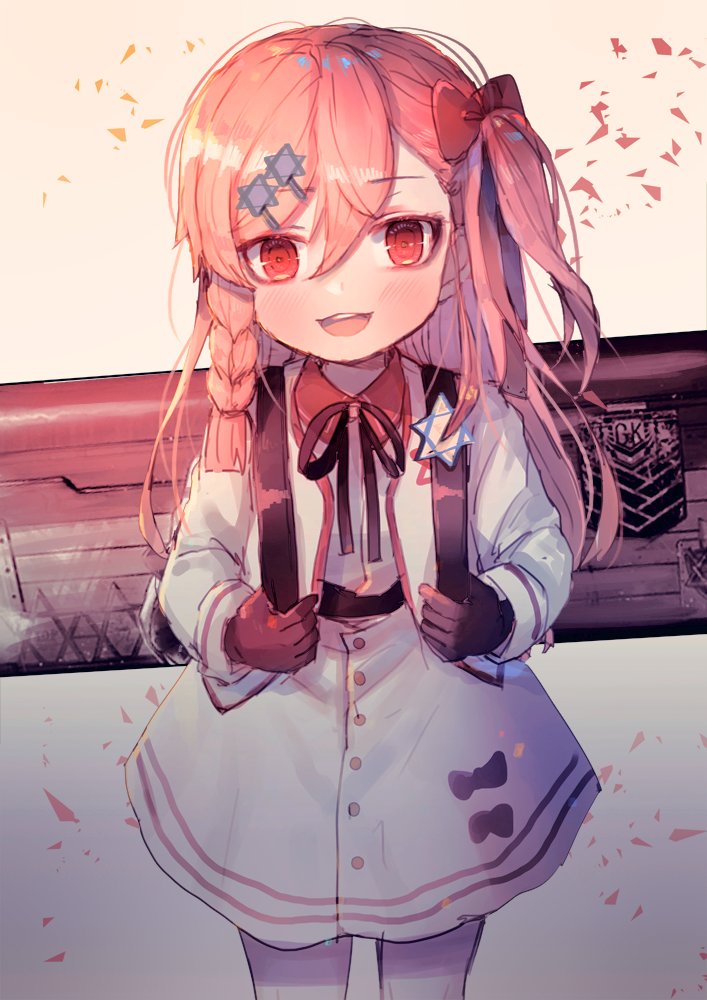 1girl age_regression alternate_costume bag bangs black_bow black_gloves blush bow braid eyebrows_visible_through_hair girls_frontline gloves hair_between_eyes hair_bow hair_ornament hair_ribbon hairclip hanato_(seonoaiko) hexagram holding_bag long_hair looking_at_viewer negev_(girls_frontline) open_mouth pink_hair red_bow red_eyes red_ribbon redhead ribbon side_ponytail simple_background single_braid smile solo star_of_david thigh-highs weapon weapon_bag weapon_on_back white_legwear younger